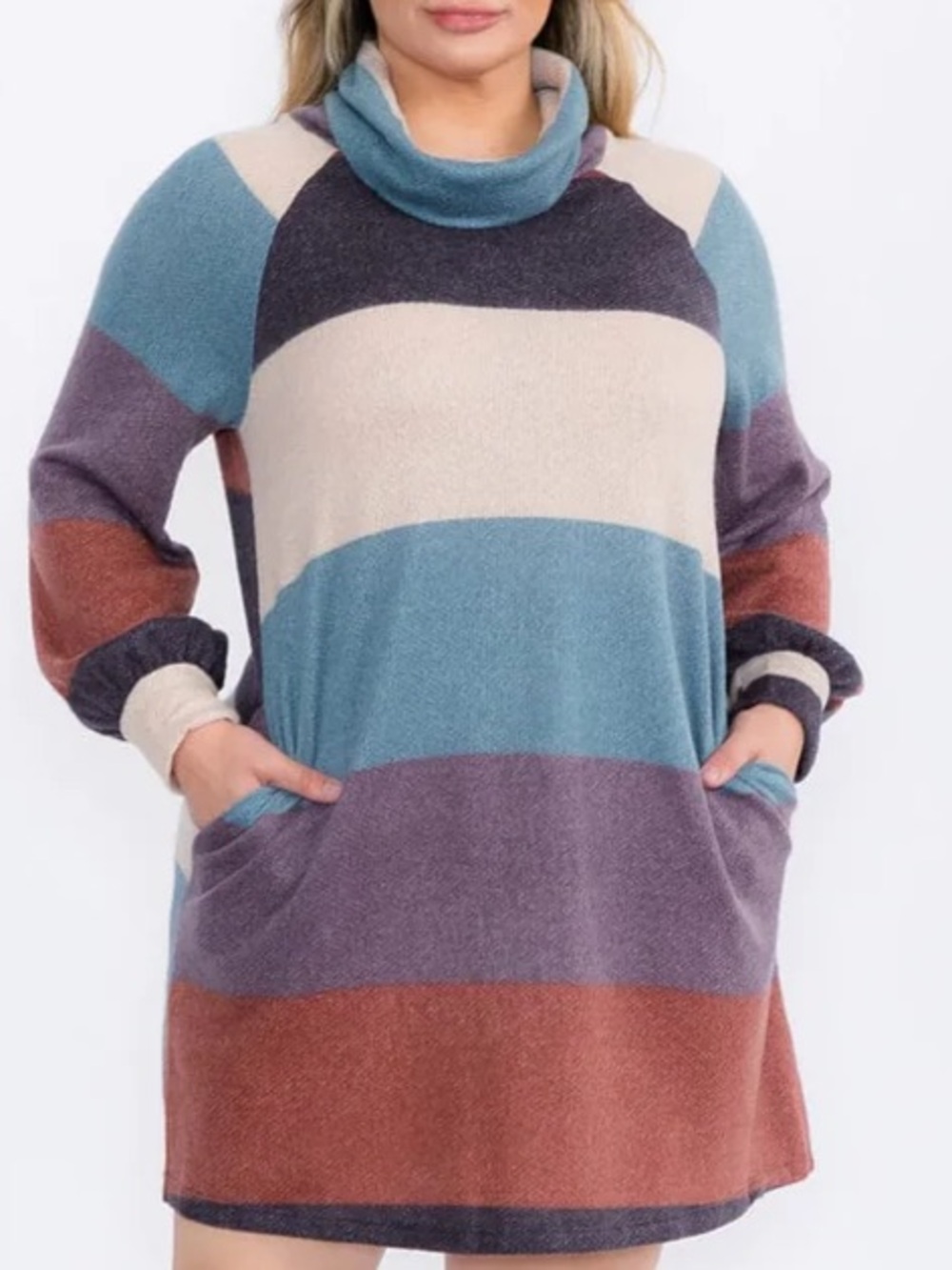 Oddi Striped Cowl Neck Sweater Dress Pockets - Blue Multi Plus Size